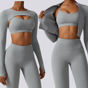4pcs Women Gym Fitness Long Sleeve Zip-Up Jacket & Leggings Set