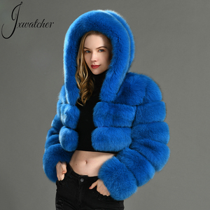 Luxury Fluffy Fur Jacket Full Sleeves Hooded Design Ladies Cropped Real Fox Fur Coat