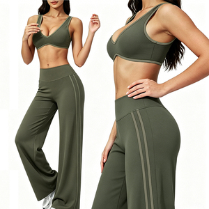 Women V-Neck Bra & Wide Leg Pants Athletic Two Piece Set